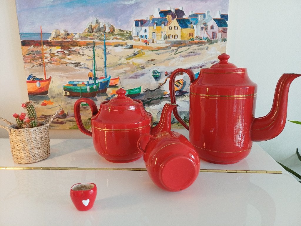 3 delige rode emaille set met goudbies, Ophalen of Verzenden