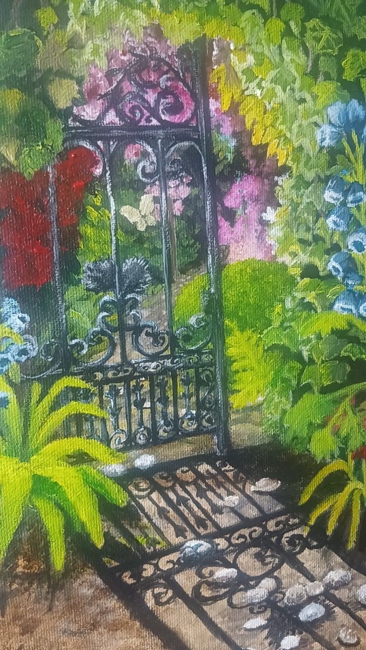 Schilderij 'Geheime Tuin' - Acryl op doek, Landschap, Acrylverf, Ophalen of Verzenden, Op houten frame