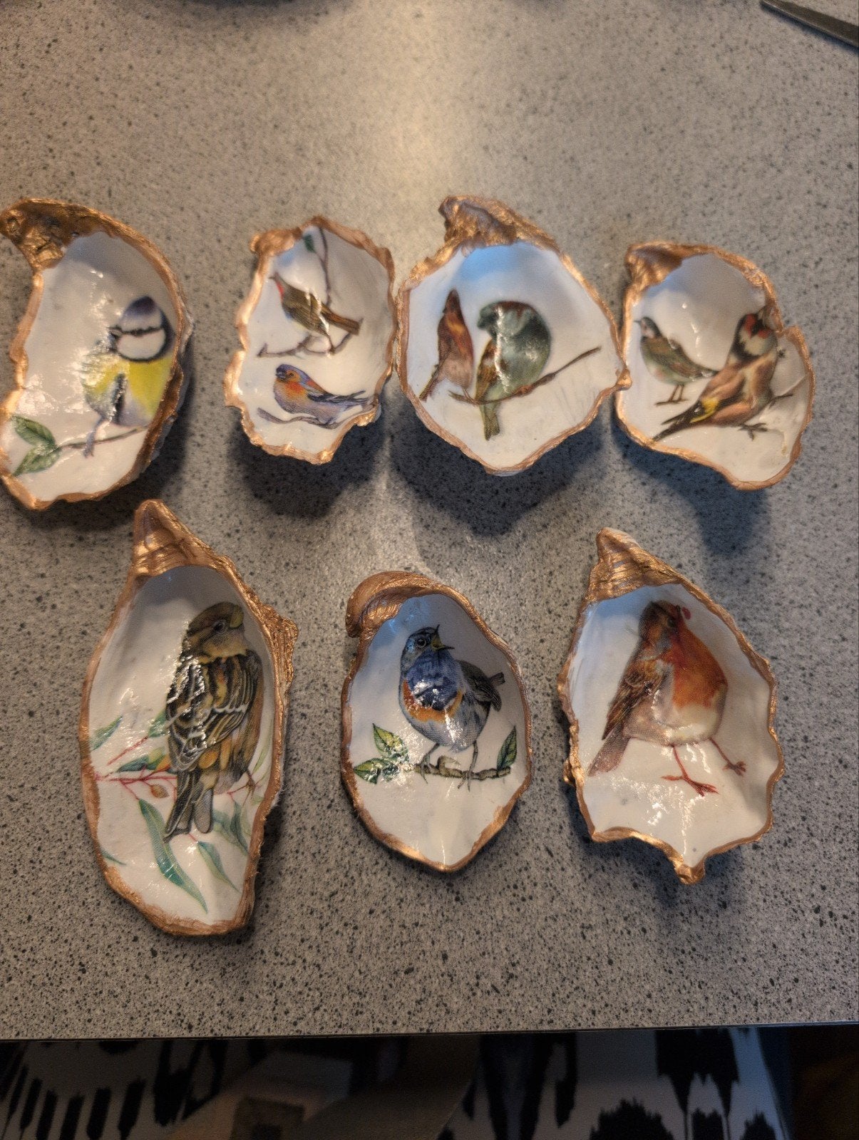 Oesterschelpen gedecoreerd met roodborstje pimpelmeesje etc, Ophalen of Verzenden