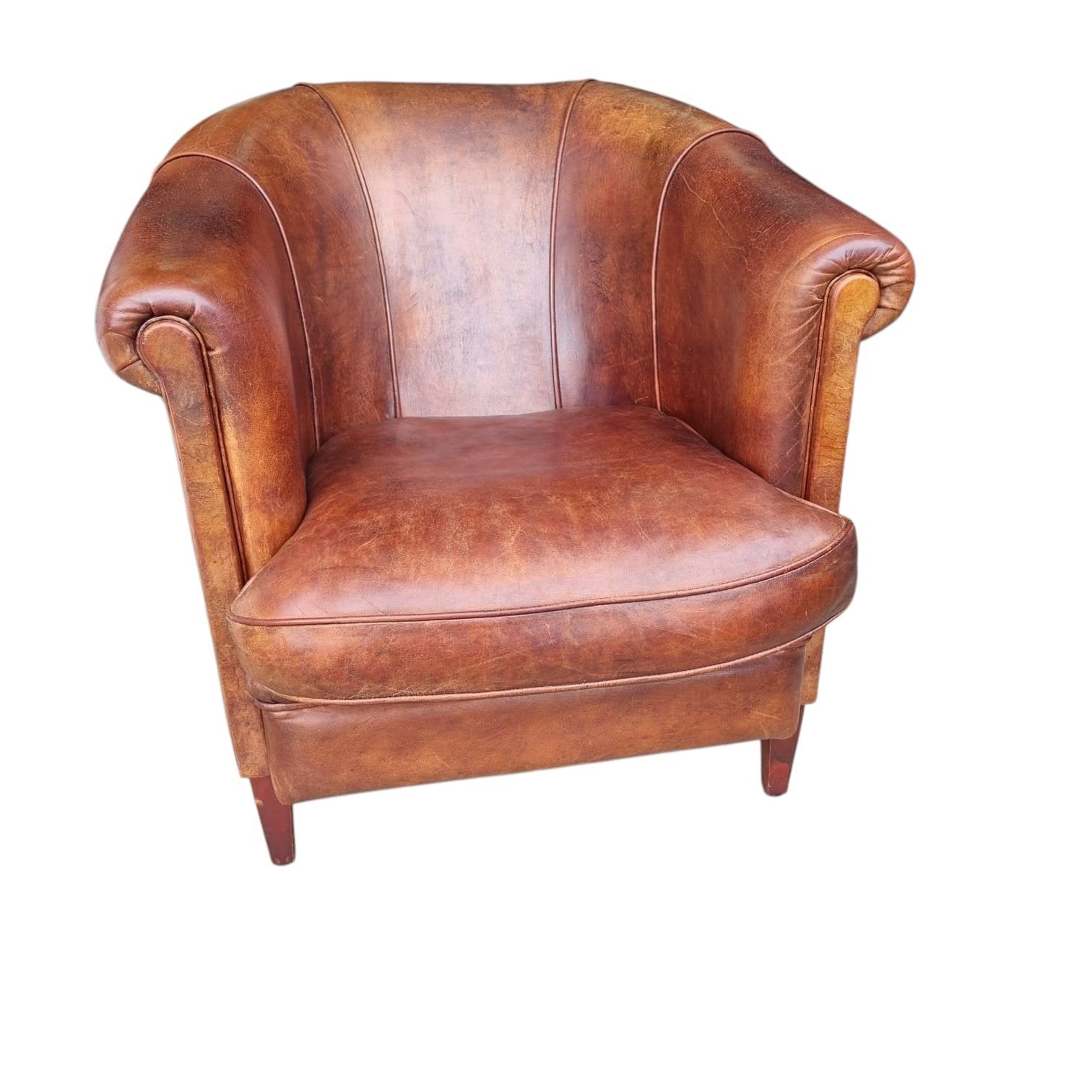 Vintage schapenleren Clubfauteuil - Cognac Bruin + BEZORGING, Gebruikt, Vintage, Clubfauteuil, Onbekend, Ophalen of Verzenden