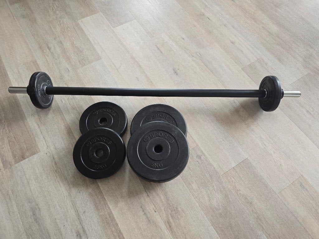 Halterstang met gewichten, Sport en Fitness, Fitnessmaterialen, Ophalen, Zo goed als nieuw, Halterstangen