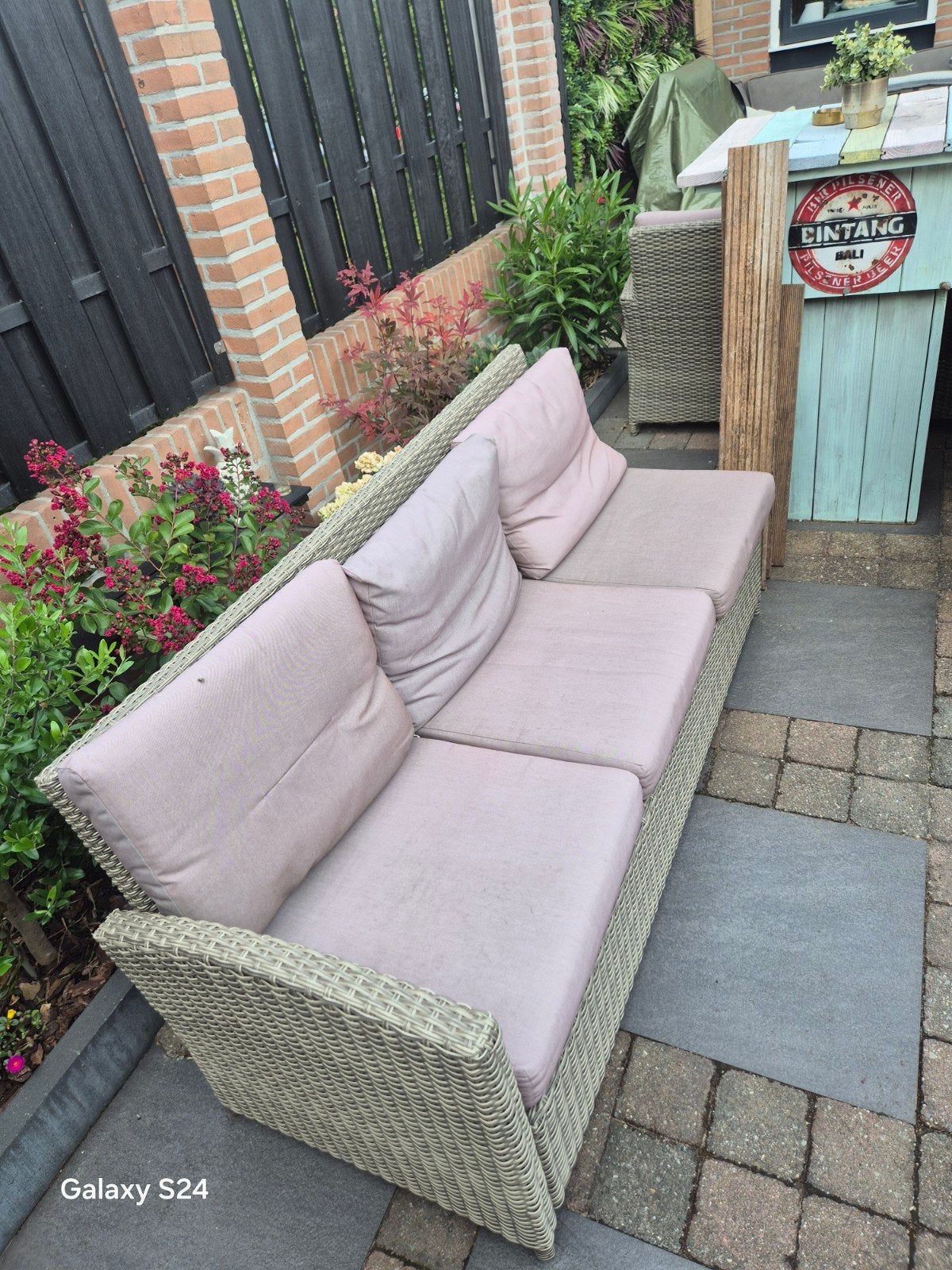 Wicker loungeset met eettafel en banken, Ophalen, Gebruikt, 6 zitplaatsen, Loungeset