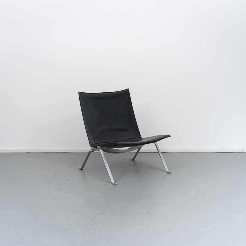 4 Fritz Hansen PK22 Fauteuil Zwart Leer - Staal, Huis en Inrichting, Fauteuils, Niet ingevuld, Gebruikt, Minder dan 75 cm, Niet ingevuld