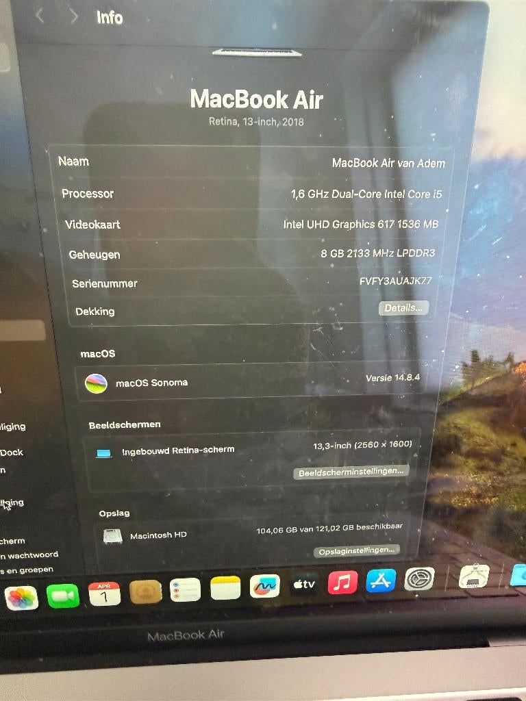macbook air, Computers en Software, Apple Macbooks, Gebruikt, MacBook Air, 13 inch, Minder dan 2 Ghz, 128 GB of minder, 8 GB, Qwerty