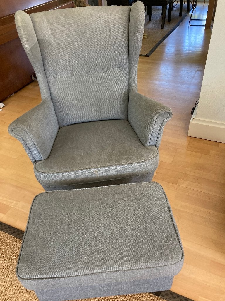 Ikea oorfauteuil met voetenbank - Grijs, Ophalen, Gebruikt, Fauteuil, Stof