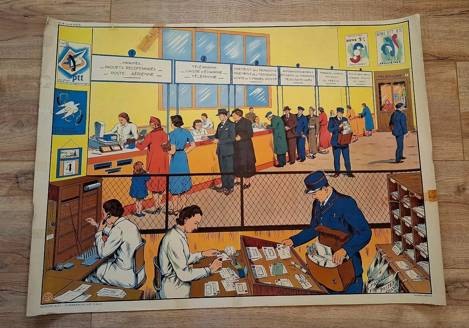 Vintage schoolplaat: Postkantoor & Dorpsleven (dubbelzijdig), Ophalen, Huis en Tuin