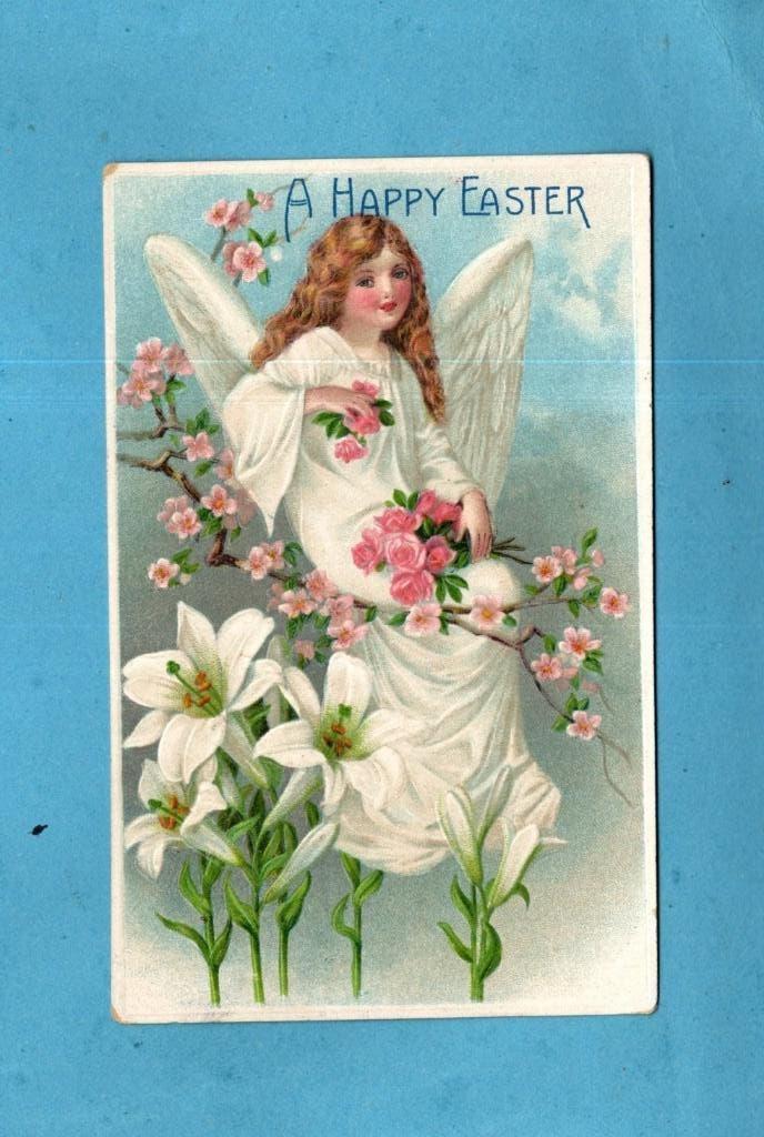 Pracht oude paaskaart/reliéf S844 - Paasengeltje met bloemen, Verzamelen, Ansichtkaarten | Themakaarten, Verzenden, Voor 1920