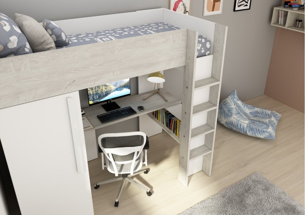 Studio 1803 hoogslaper met bureau en kast - 90x200 - Wit/cas, Niet ingevuld, Niet ingevuld, Niet ingevuld