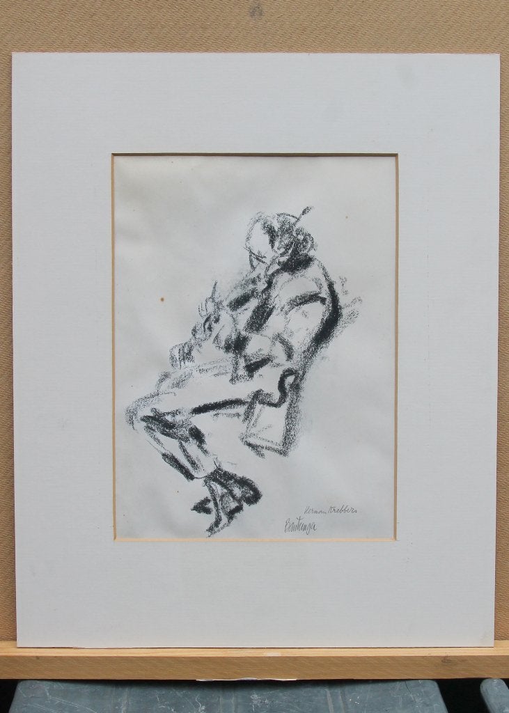 Tekening van violist Herman Krebbers door Cees Bantzinger, Met passe-partout, Portret of Personen, Impressionistisch, Ophalen of Verzenden