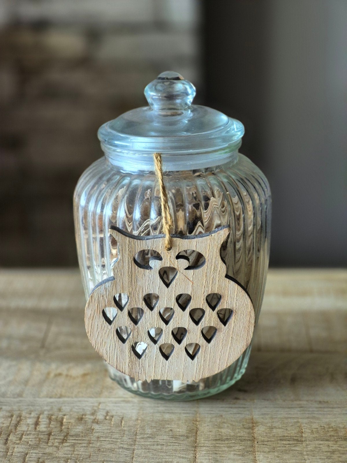 Glazen stolp met houten uil hanger, Glas, Ophalen of Verzenden, Zo goed als nieuw