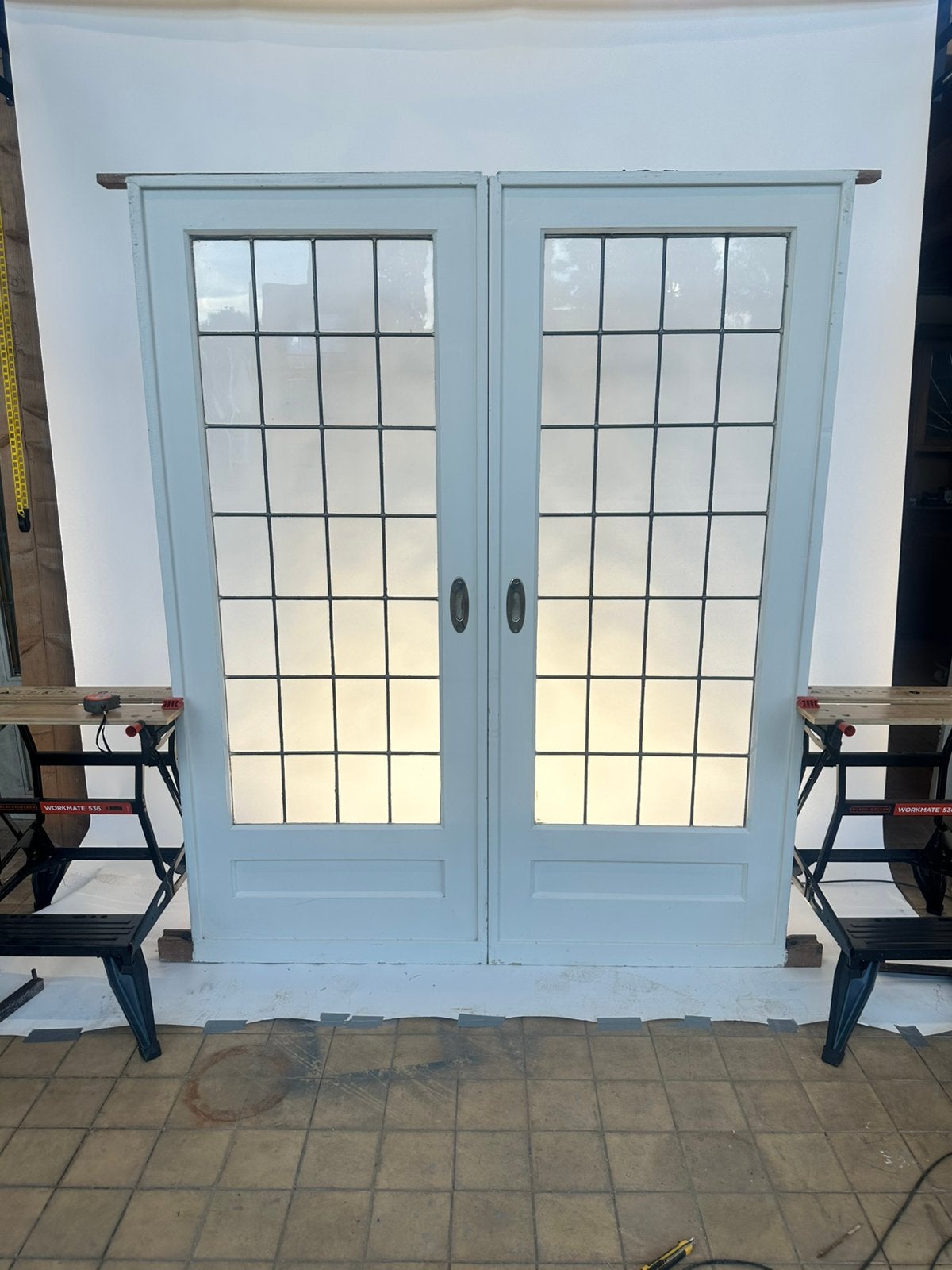 202x82 Set kamer ensuite schuifdeuren met glas in lood, Doe-het-zelf en Verbouw, Deuren en Horren, Ophalen, 80 tot 100 cm, Binnendeur