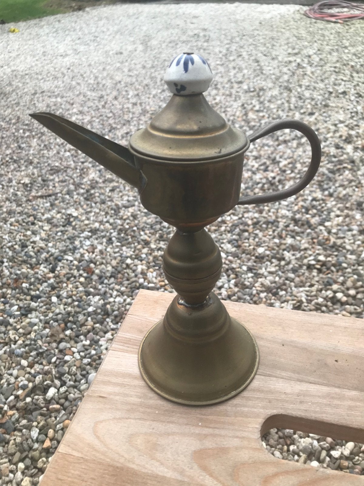 Antieke olielamp van messing met Delfts blauw detail, Antiek en Kunst, Ophalen