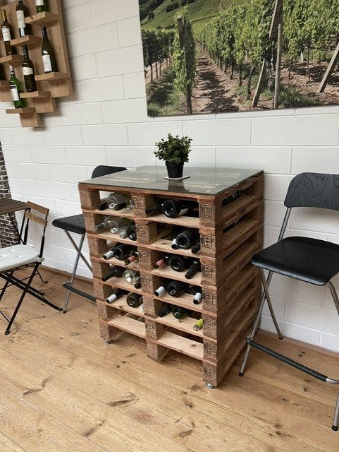 Verrijdbare wijnbar/statafel van pallets met glazen blad, Ophalen, Gebruikt, 50 tot 100 cm, Glas
