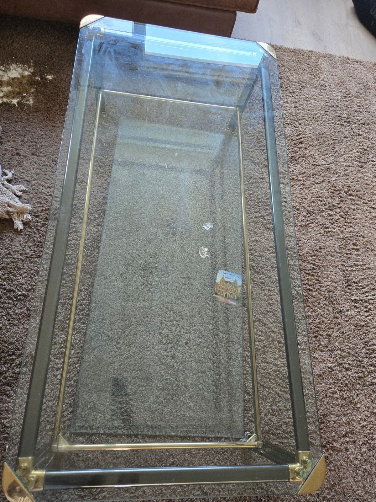 Glazen salontafel met gouden accenten. Hollywood Regency, Ophalen, Gebruikt, 100 tot 150 cm, Modern klassiek
