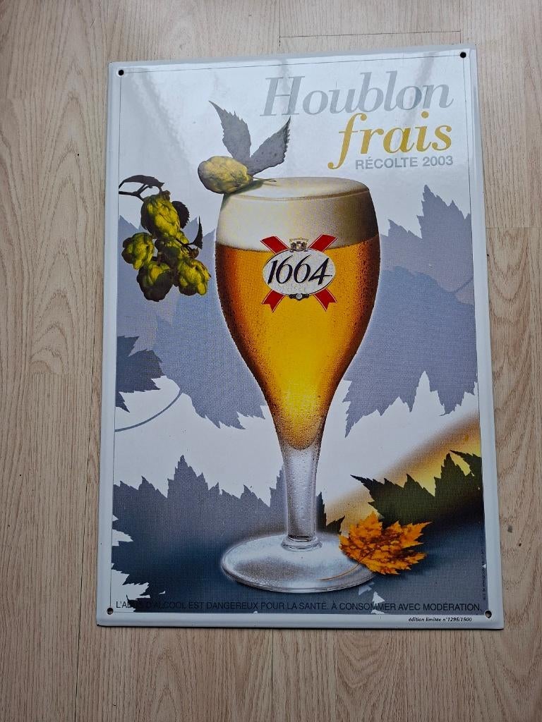 1664 Emaille bier bord 60 x 40 cm Houblon frais recolte 2003, Verzamelen, Biermerken, Ophalen of Verzenden, Zo goed als nieuw
