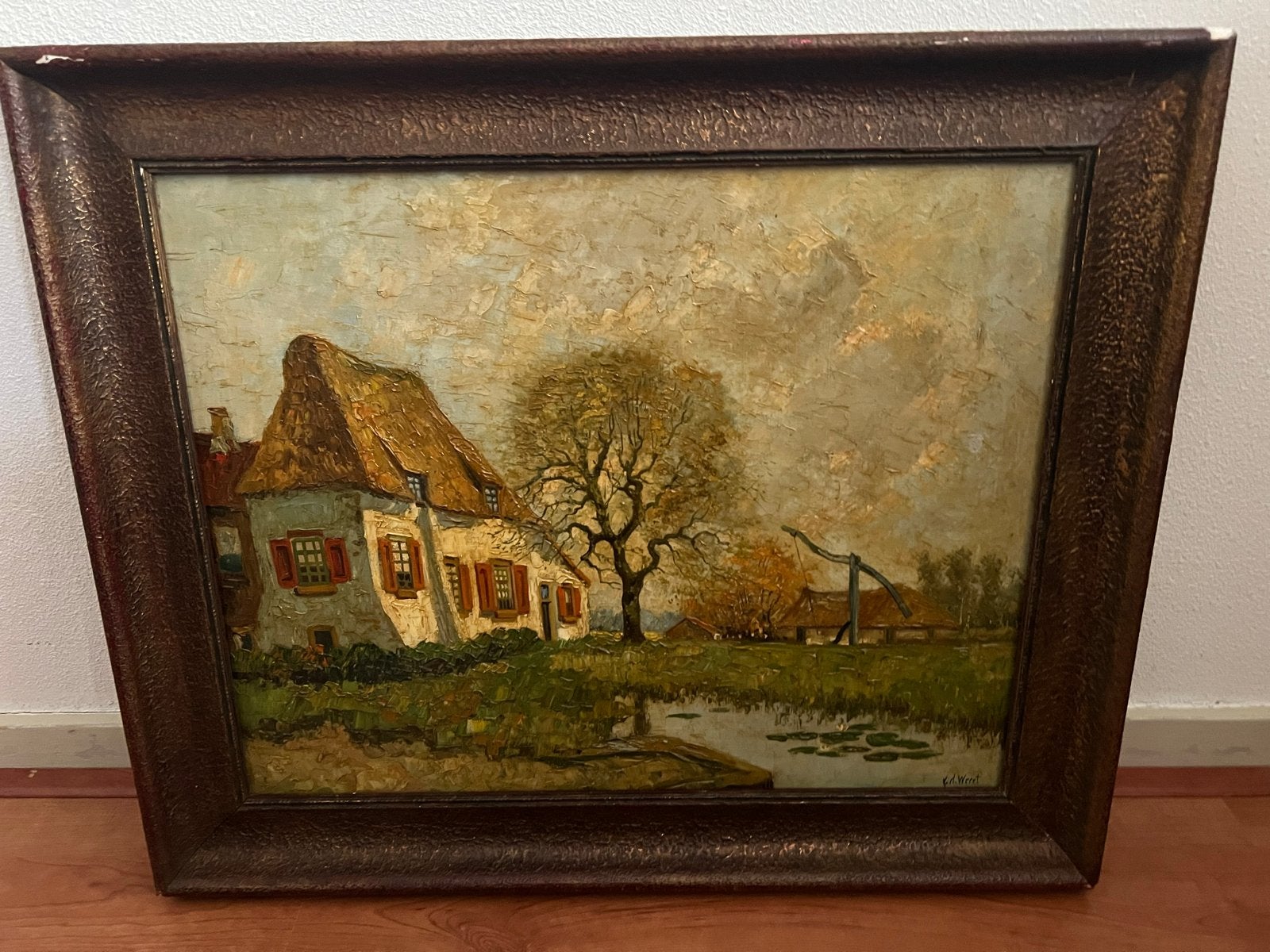 Olieverfschilderij: Landschap met boerderij en waterput, Ophalen, Doek, Realistisch, Gesigneerd