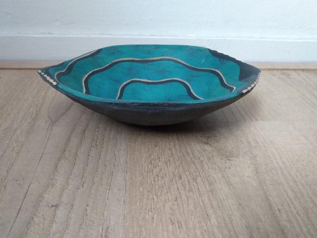 Houten schaaltje uit Zuid Afrika, turquoise, blauw, Schaal, Rond, Ophalen of Verzenden, Zo goed als nieuw