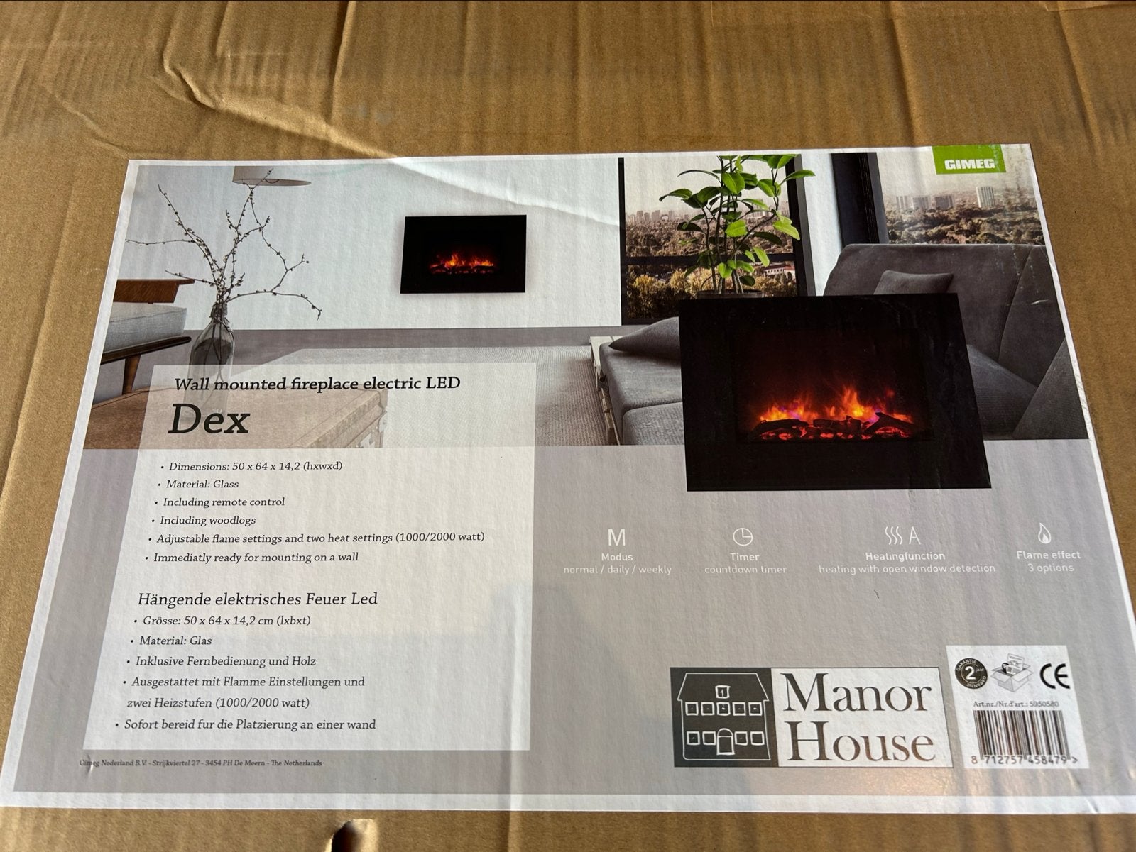 Manor House Dex Moderne Elektrische Hanghaard, Ophalen of Verzenden, Nieuw, Hangende haard, Elektrische haard