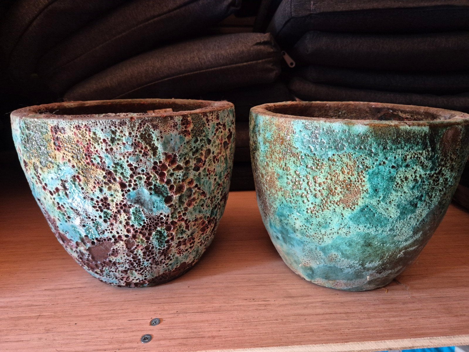 Set van 2 bloempotten met turquoise glazuur, Tuin en Terras, Bloempotten, Ophalen, Gebruikt, Aardewerk, Binnen