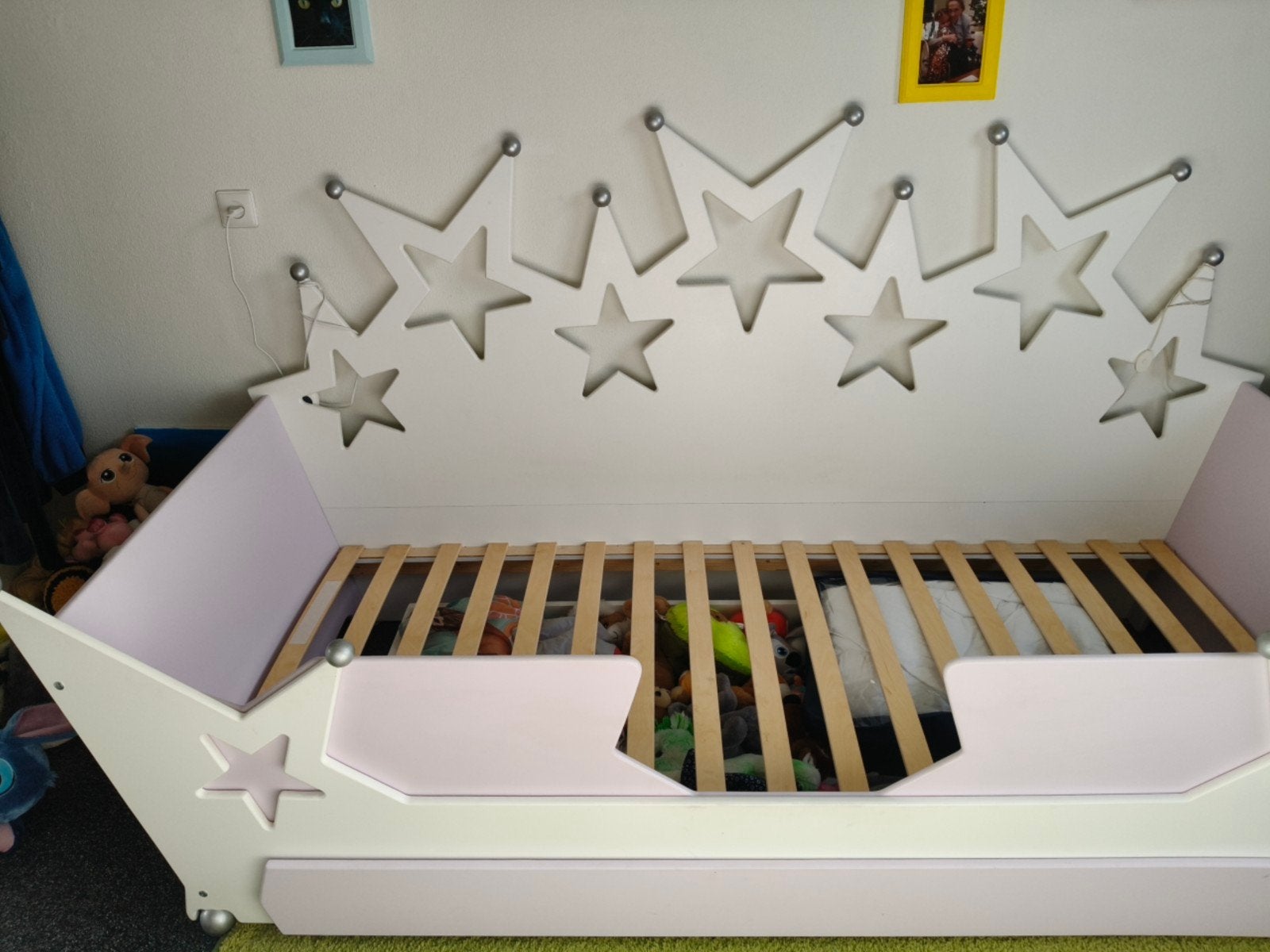 Eenpersoons meisjesbed (90x200) met opbergruimte en LED, Ophalen, 90 cm, Eenpersoons, Wit