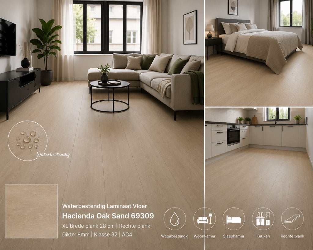 Waterbestendig 28cm breed Laminaat Hacienda Oak sand 8mm dik, 75 m² of meer, 28cm breed waterbestendig laminaat eiken kleur, Nieuw