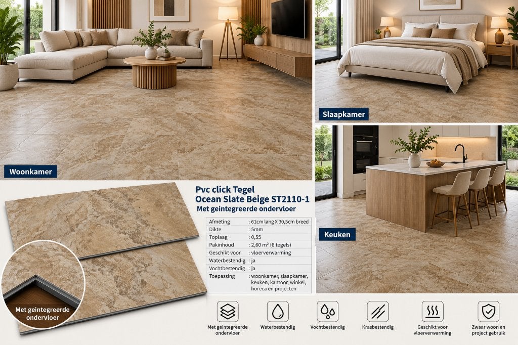 52m2 Pvc click Ocean slate + integreerde ondervloer =€673, Beige, Nieuw, Ophalen of Verzenden, Pvc click tegel traverti slate beige kleur