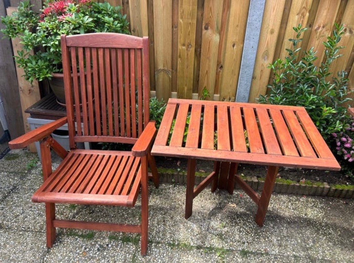 Teaktouten Tuinsetje / Balkonset  met gratis kussen, Ophalen, Gebruikt, Hout, Inklapbaar