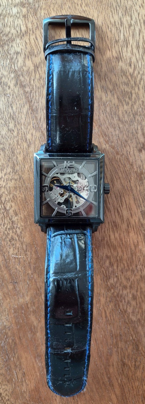 Stuhrling Original Skelet Horloge - Zwart Leer, Sieraden, Tassen en Uiterlijk, Horloges | Heren, Overige merken, Staal, Polshorloge