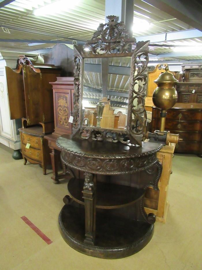 Oer 09264 eiken gestoken spiegel met bijpassende console, Antiek en Kunst, Ophalen, Overige vormen