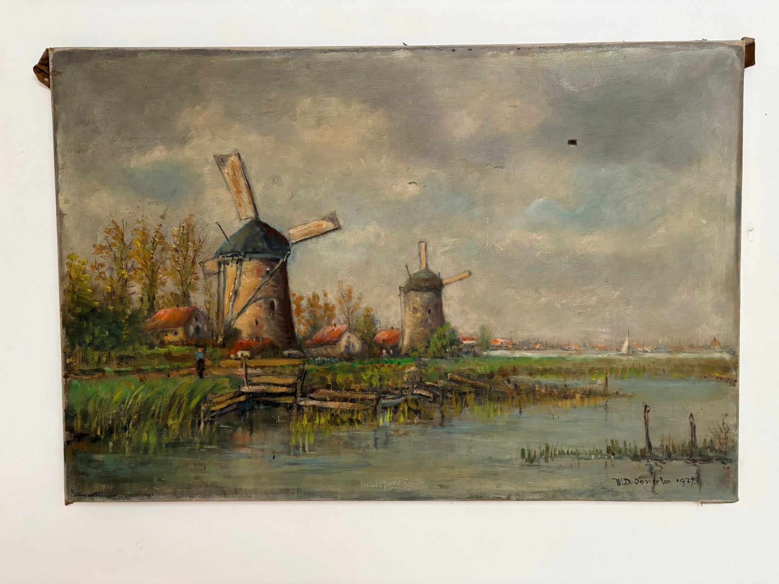 Wouter Dirk Oosterloo 1927 Landschap met twee molens, Antiek en Kunst, Kunst | Schilderijen | Klassiek, Ophalen, Acrylverf, Nederlandse school