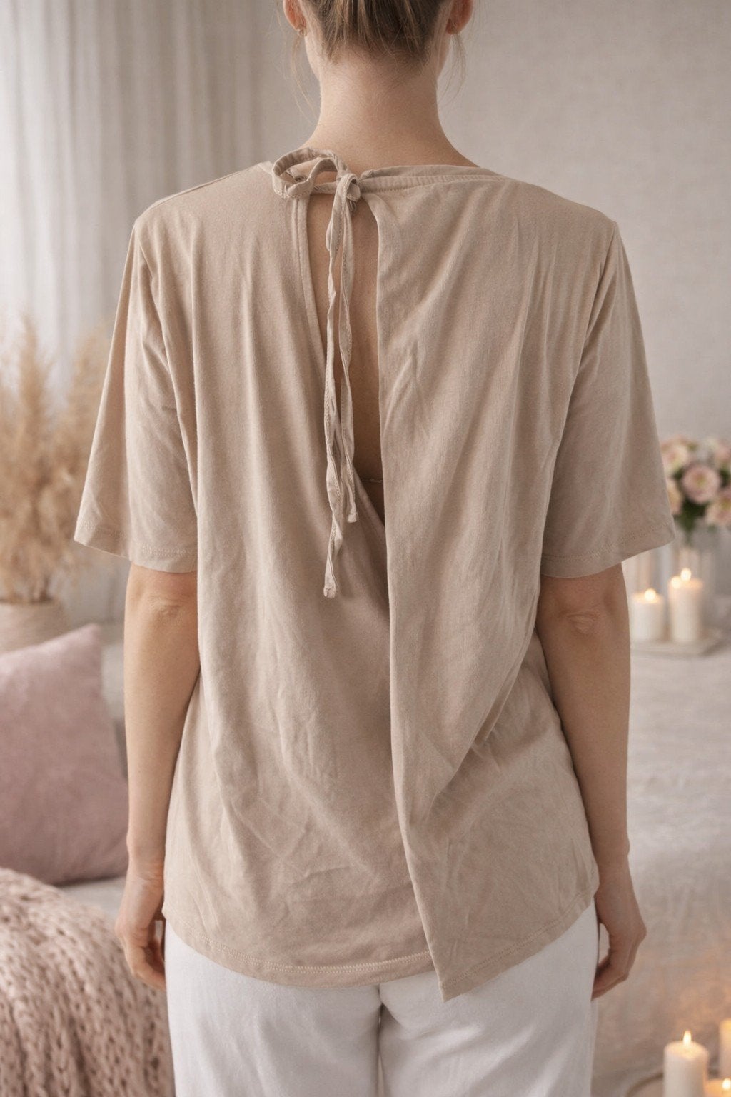 Ipekyol beige katoenen top met openvallende rug - Maat L, Maat 42/44 (L), Ophalen of Verzenden, Zo goed als nieuw, Korte mouw