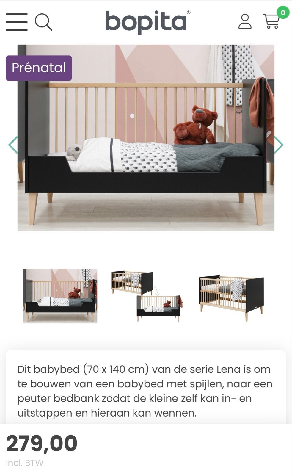 Bopita Lena Babybed/peuterbed Zwart/Naturel 70x140 cm, Gebruikt, 50 tot 70 cm, 105 cm of meer, Ophalen of Verzenden