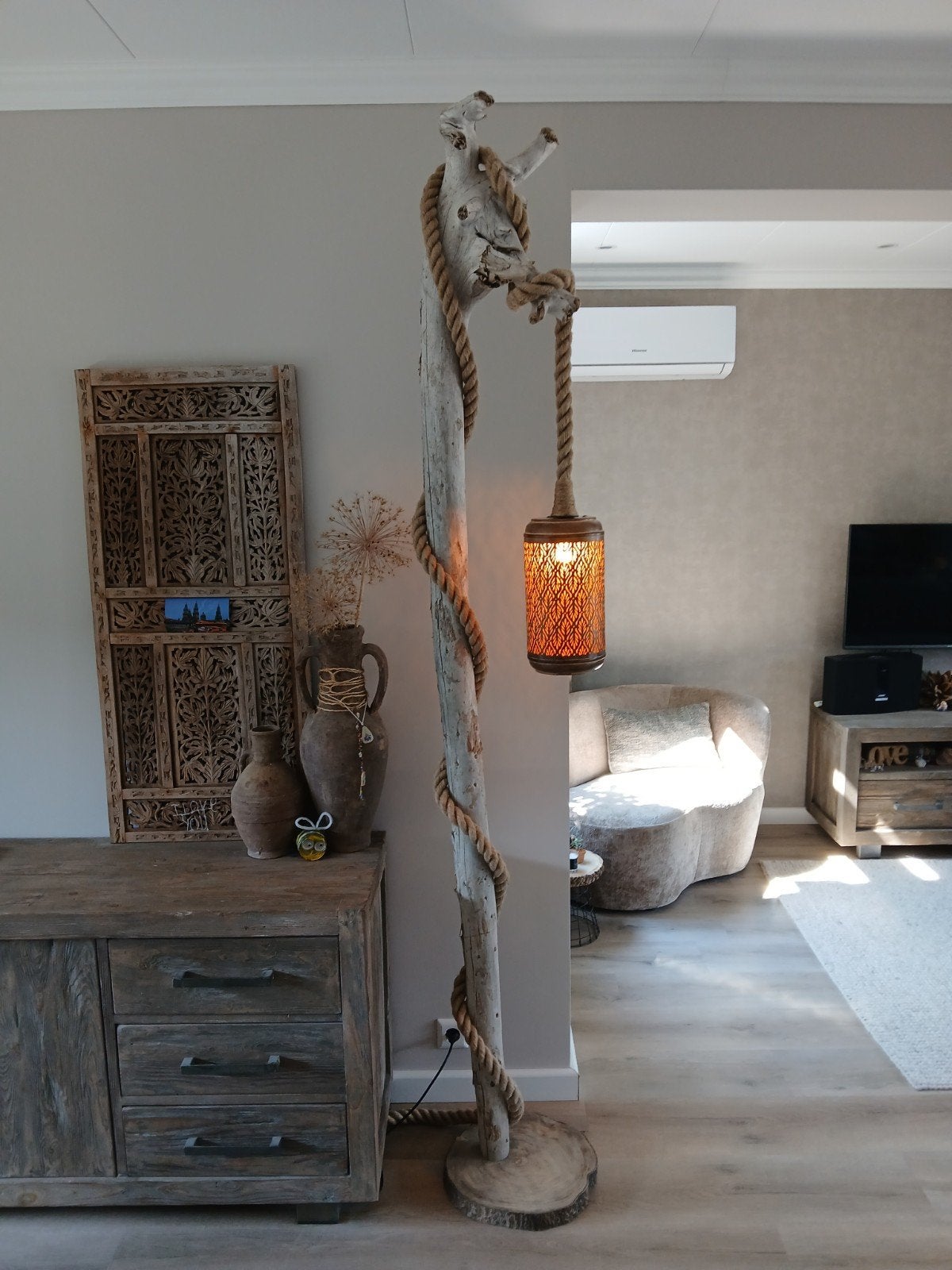 Landelijke staande lamp van drijfhout, Huis en Inrichting, Ophalen, 200 cm of meer, Stoer sober robuust landelijk drijfhout, Nieuw