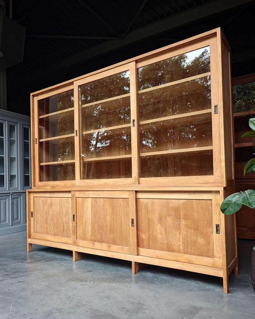 Grote/ Brede schoolkast | Strakke vitrinekast | Teak #9127, Gebruikt, -, 200 cm of meer, -