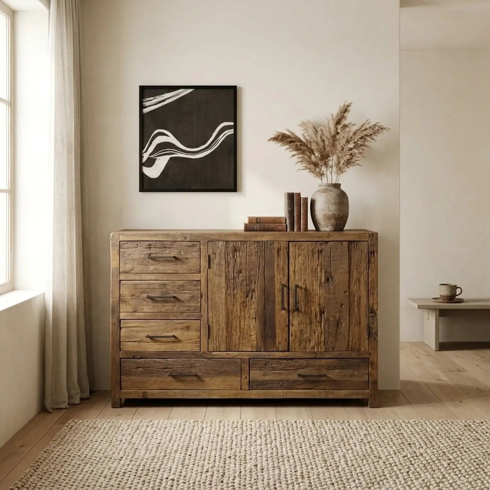 Robuust houten dressoir met lades en deuren 120cm, Ophalen, 100 tot 150 cm, Wildeboer, Info@mokana.nl