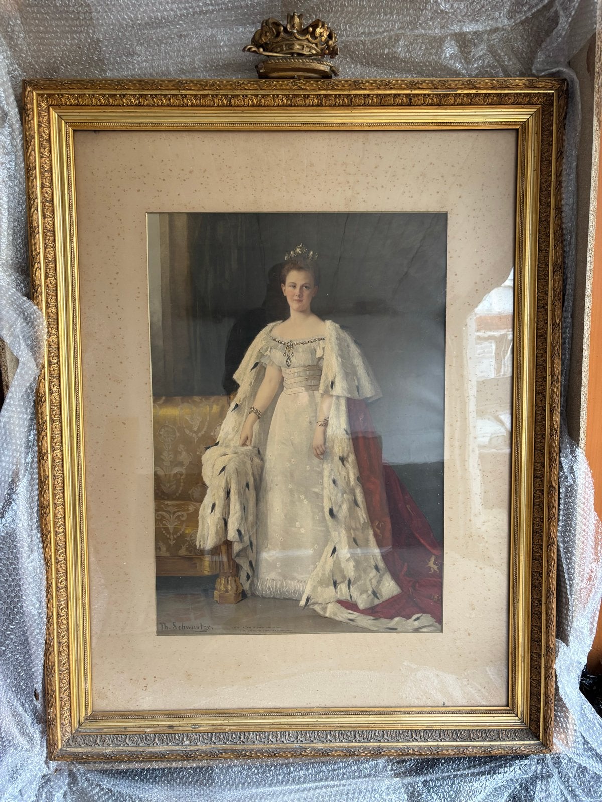 Inhuldigingsportret Koningin Wilhelmina door Thérèse Schwart, Achter glas, Portret of Personen, Realistisch, Ophalen of Verzenden