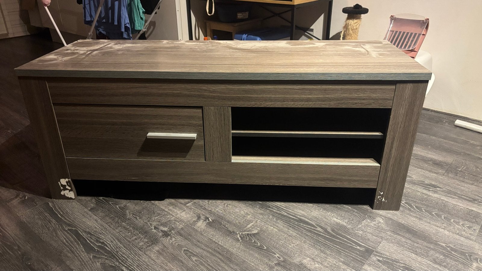 Tv meubel met lade en open vakken, Ophalen, Gebruikt, 100 tot 150 cm, Minder dan 100 cm