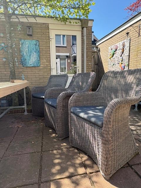 6 wicker eettafel stoelen inclusief kussens, Ophalen, Gebruikt, Wicker