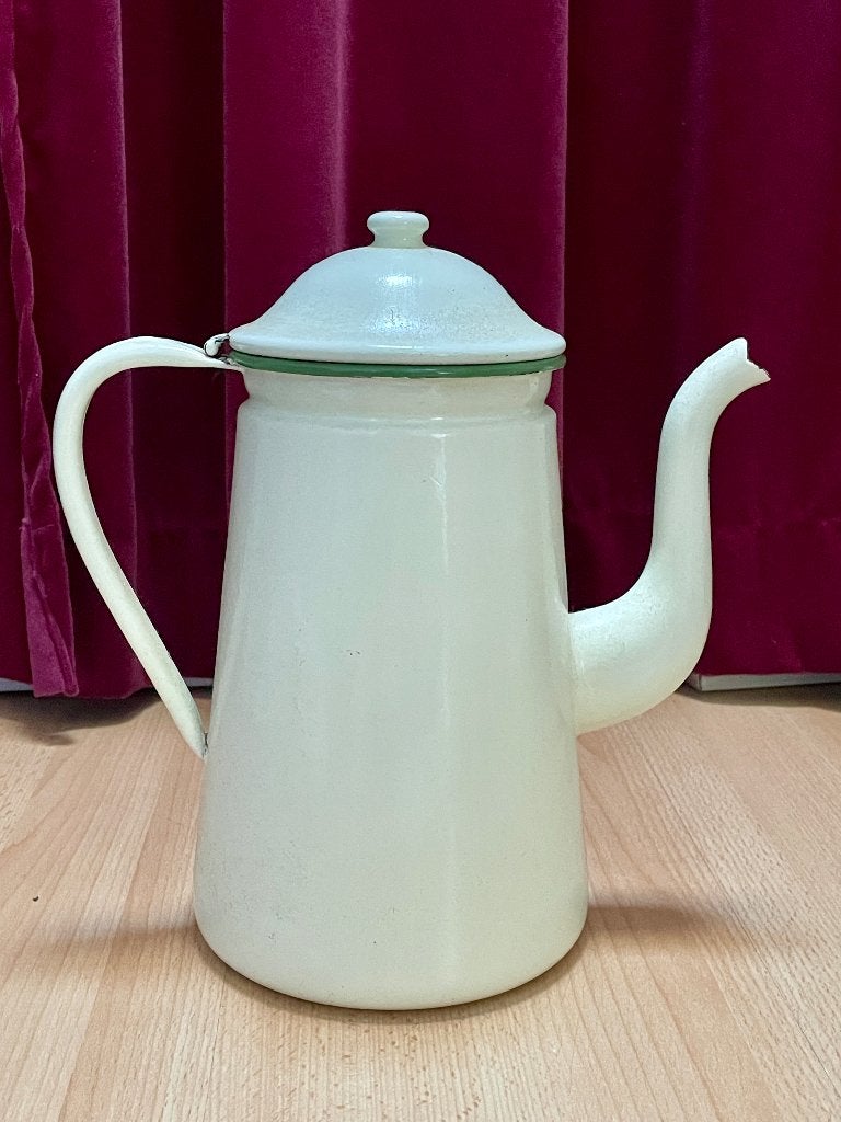 Vintage geëmailleerde koffiekan - Lichtgeel met groene rand, Ophalen of Verzenden