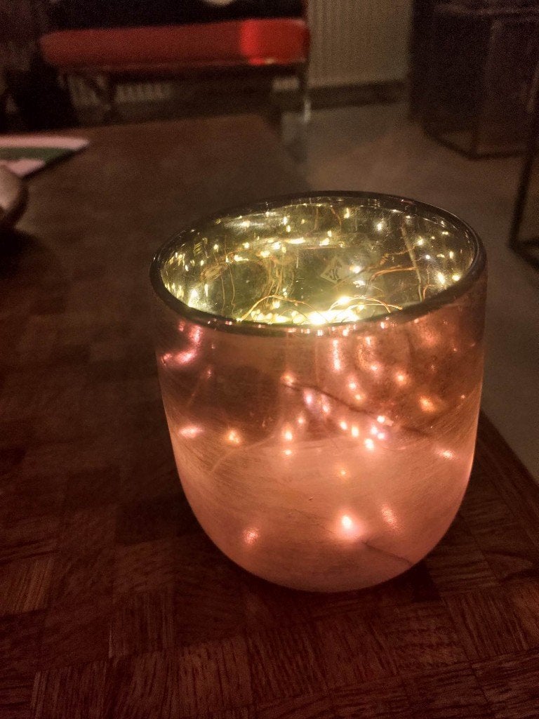 2x windlichten met led kerstlampjes, Windlicht, Gebruikt, 13 cm, Paars