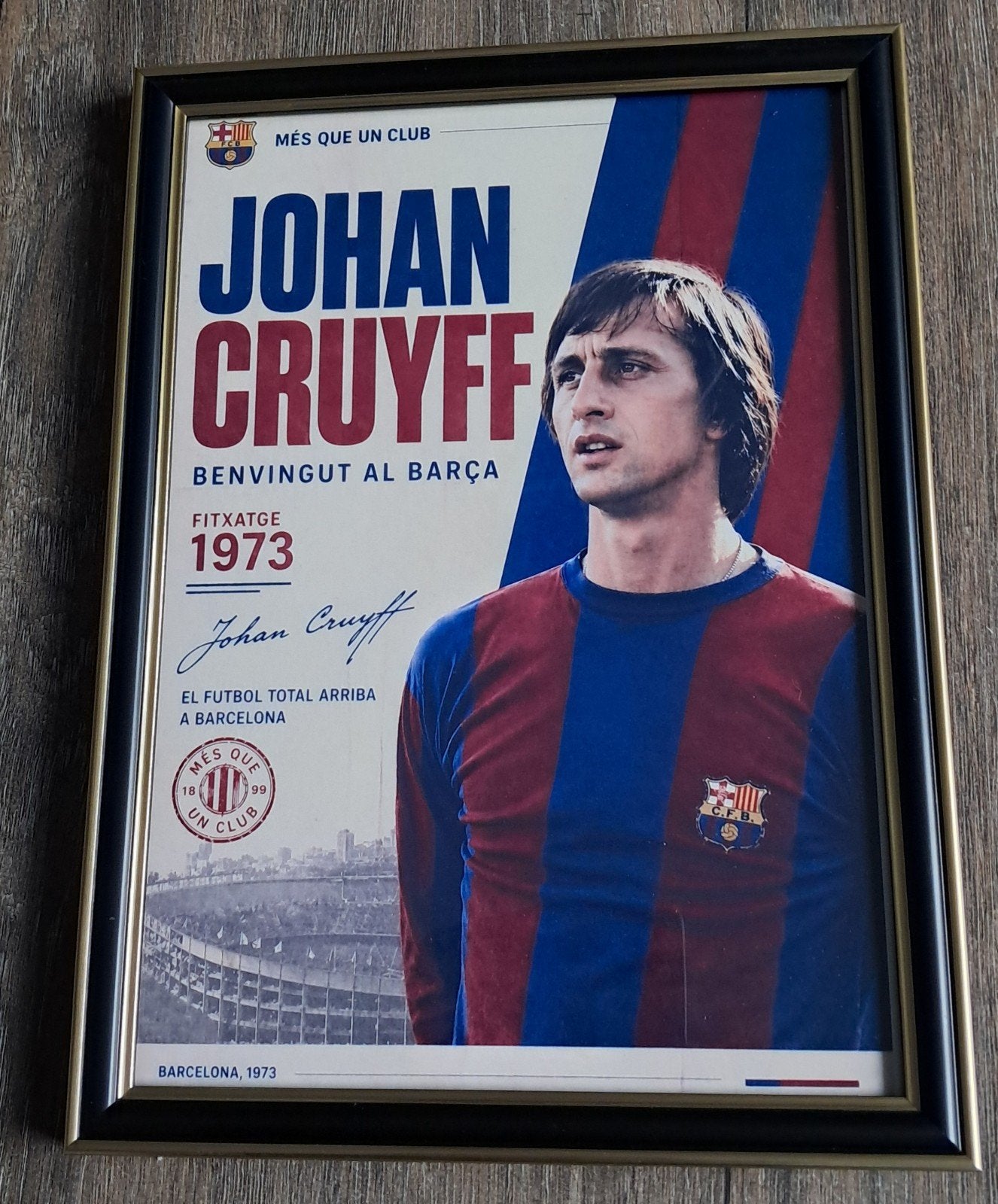 Ingelijste Johan Cruyff poster - FC Barcelona 1973, Ophalen of Verzenden, Zo goed als nieuw, Buitenlandse clubs, Poster, Plaatje of Sticker