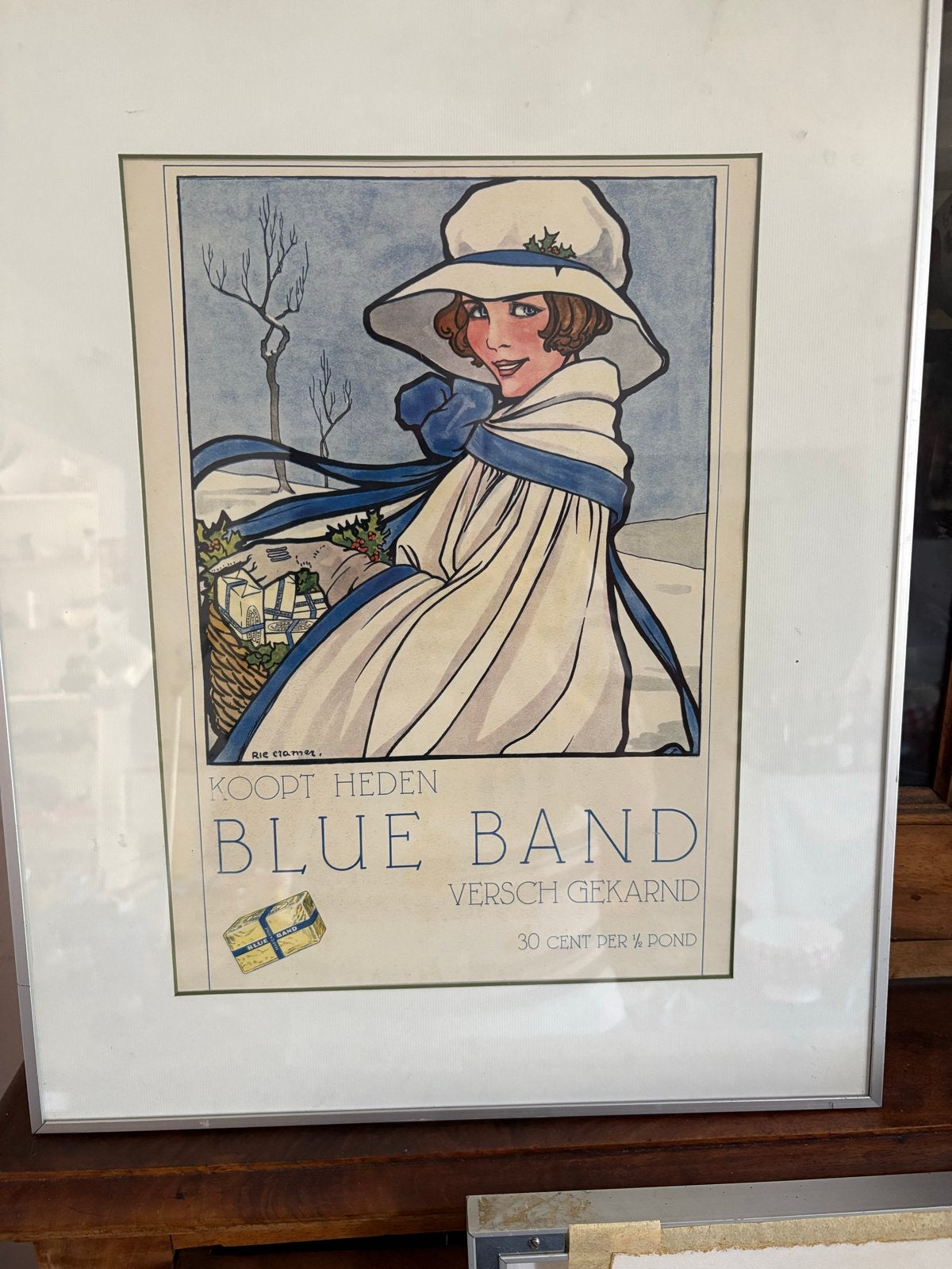 Blue Band affiche uit 1926 in paspartout en mooie lijst, Ophalen of Verzenden, Poster, Lithografie, Ingelijst