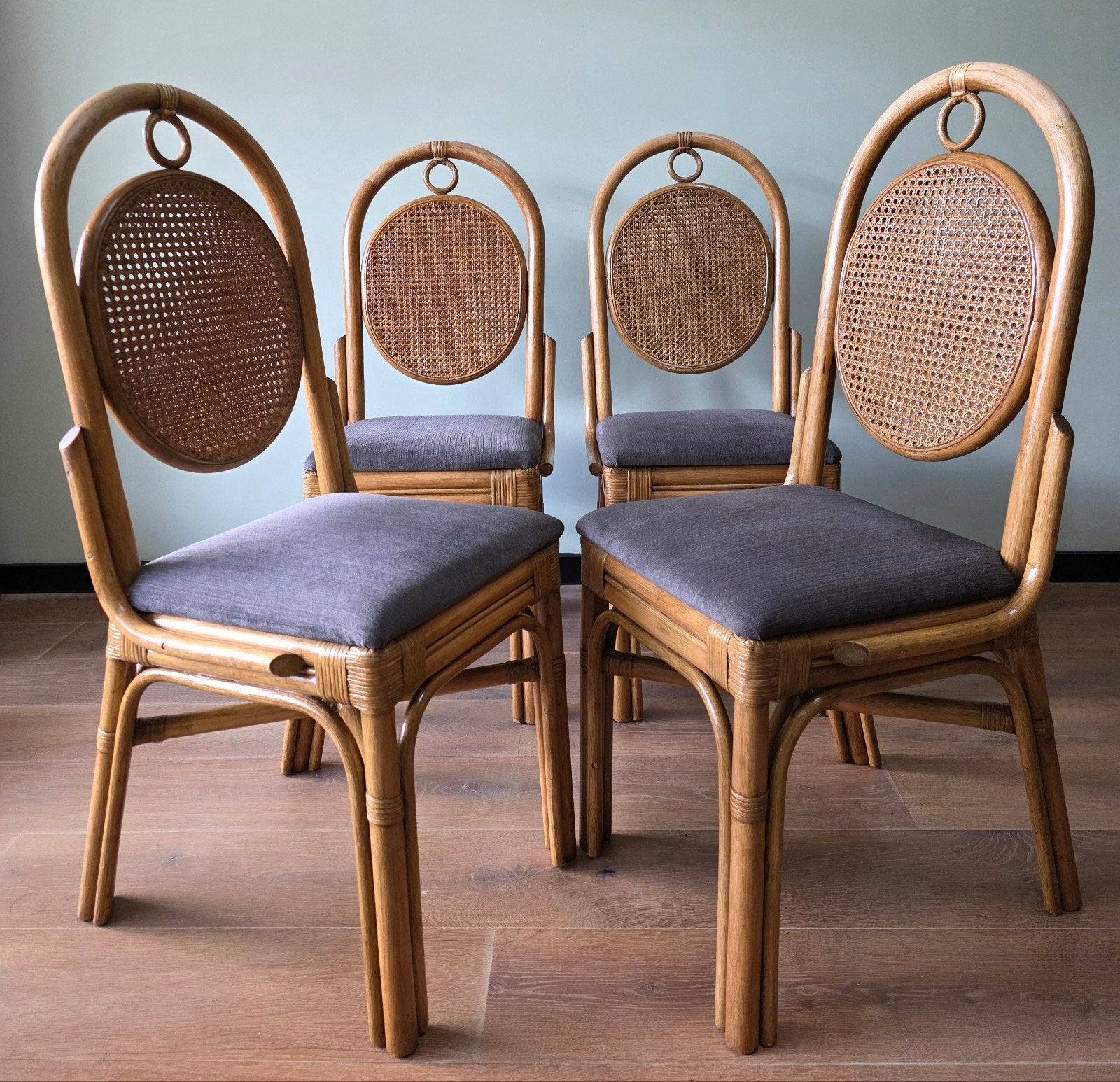 Vintage Rotan Eetkamerstoelen met Cane Rug | Set van 4, Bruin, Ophalen of Verzenden, Zo goed als nieuw, Vier