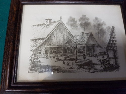 Prent Boerderij, Renaar, in donker gekleurde eikenhouten lij, Ophalen of Verzenden, 'T Olde Gre-j, Info@toldegrej.nl, Endepoelstraat 20f Didam