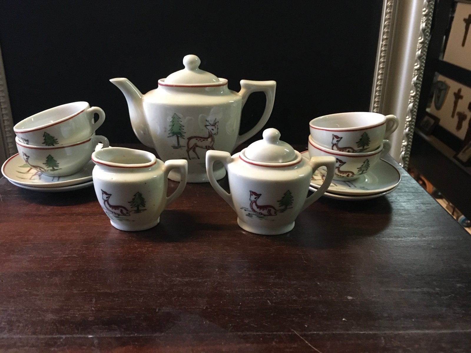 Antiek kinderservies met hertjes decoratie, Ophalen of Verzenden