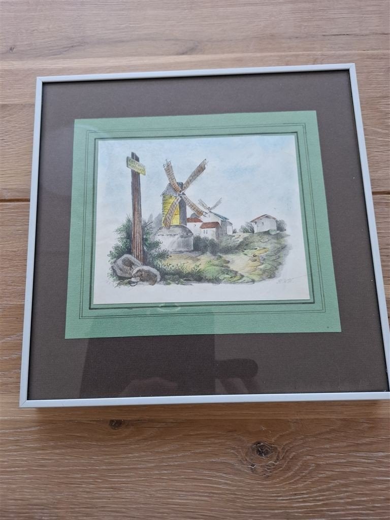 oude landschapslitho met molens, Ophalen of Verzenden