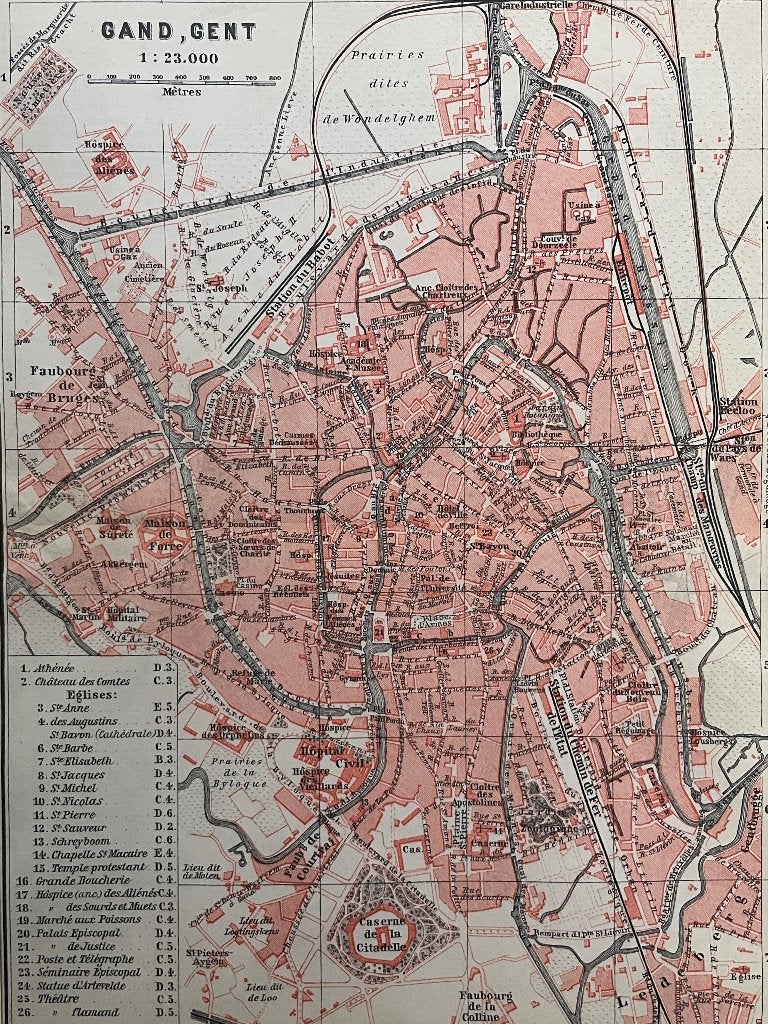 1885 Landkaart Gent in Belgie O U D in lijst - P0618-003, Antiek en Kunst, Ophalen of Verzenden, Ets, 1800 - 1899