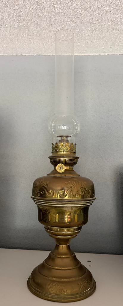 Messing olielamp met klazen kelk, Antiek en Kunst, Ophalen