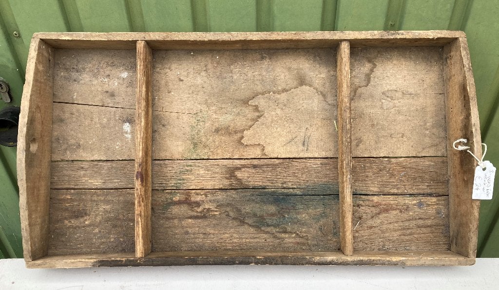 Brocante oude houten sorteerbak - dienblad - 3 vaks bak, Antiek en Kunst, Curiosa en Brocante, Ophalen of Verzenden