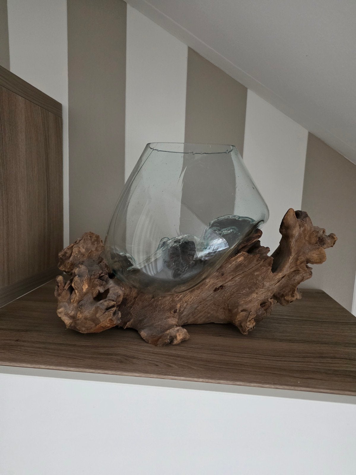 vaas/vissekom/sfeerlicht op houten poot, Ophalen, Nieuw, Bruin, Glas